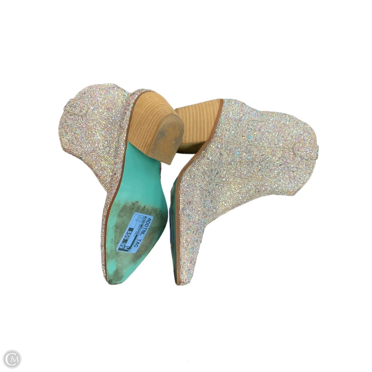 Boots Ankle Heels By Betsey Johnson In Silver, Size: 9