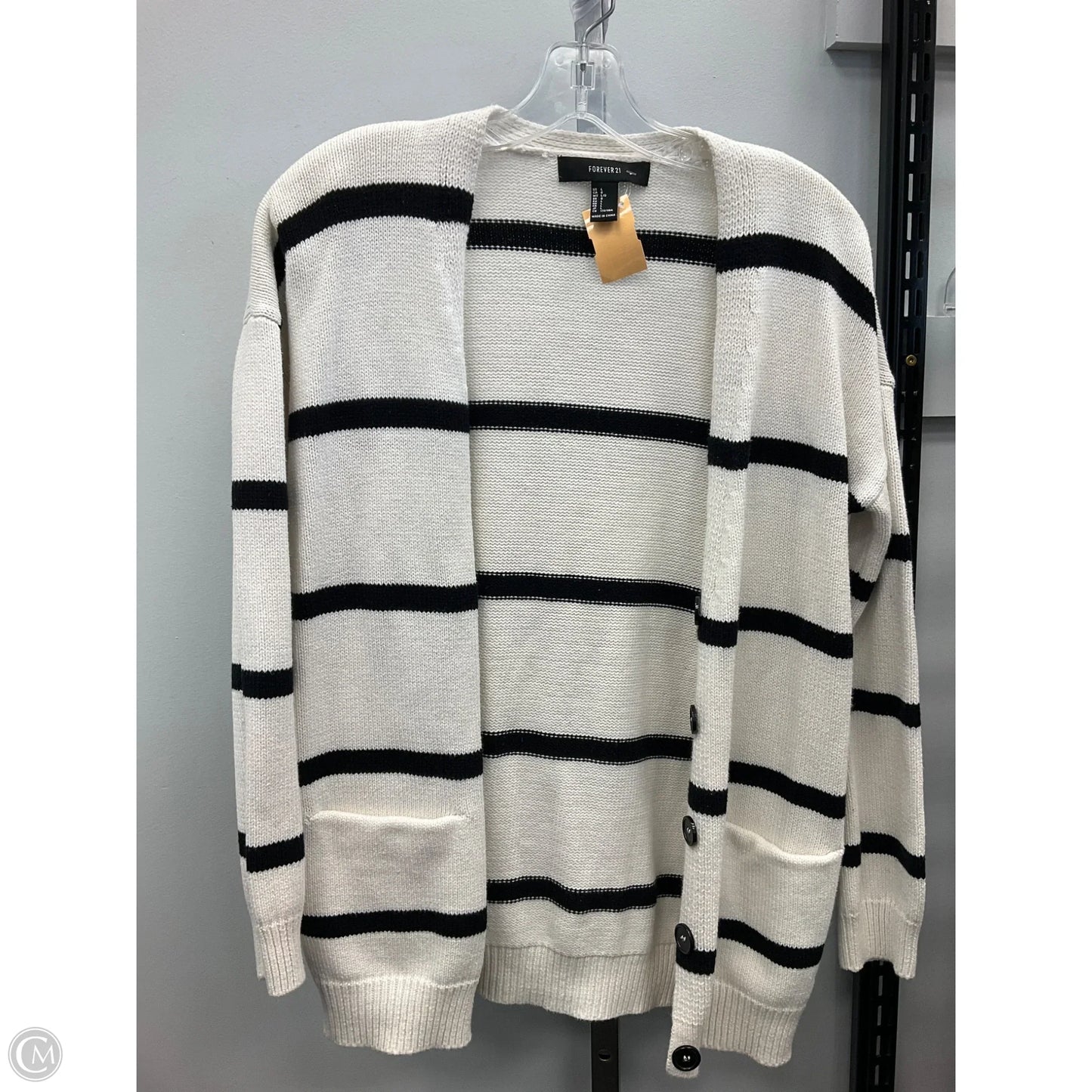 Sweater Cardigan By Forever 21 In Black & Cream, Size: L