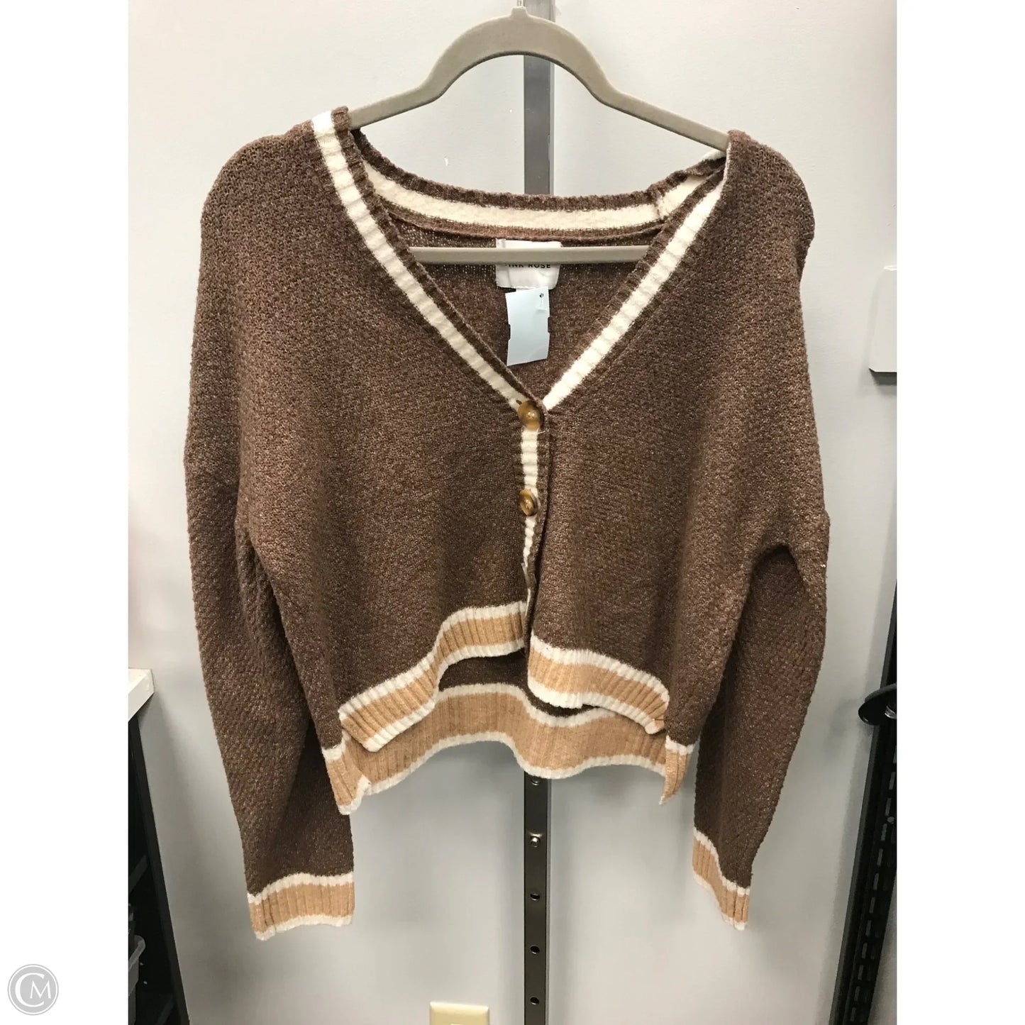 Sweater Cardigan By Pink Rose In Brown & Cream, Size: M