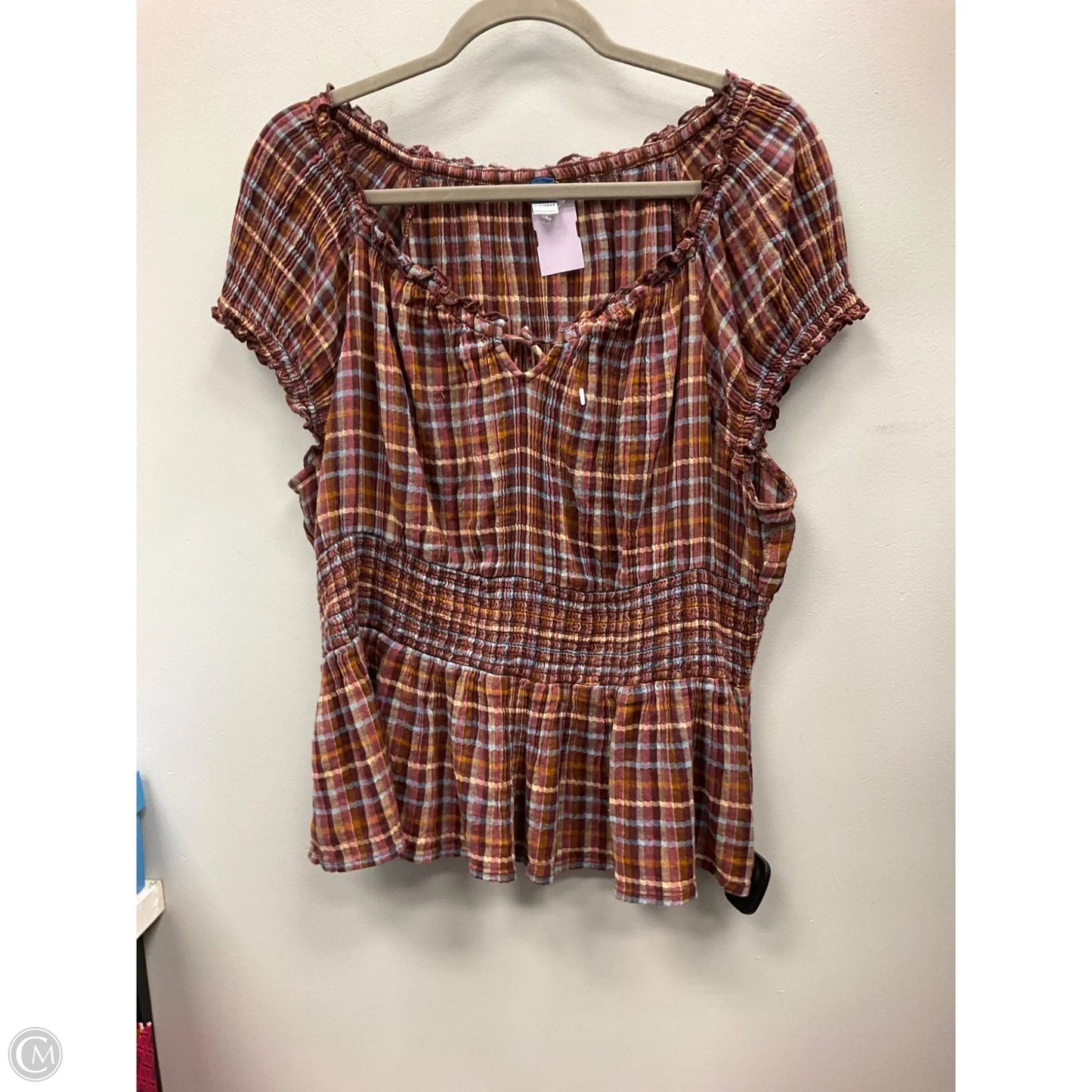 Top Short Sleeve By Oleg Cassini In Plaid Pattern, Size: Xl