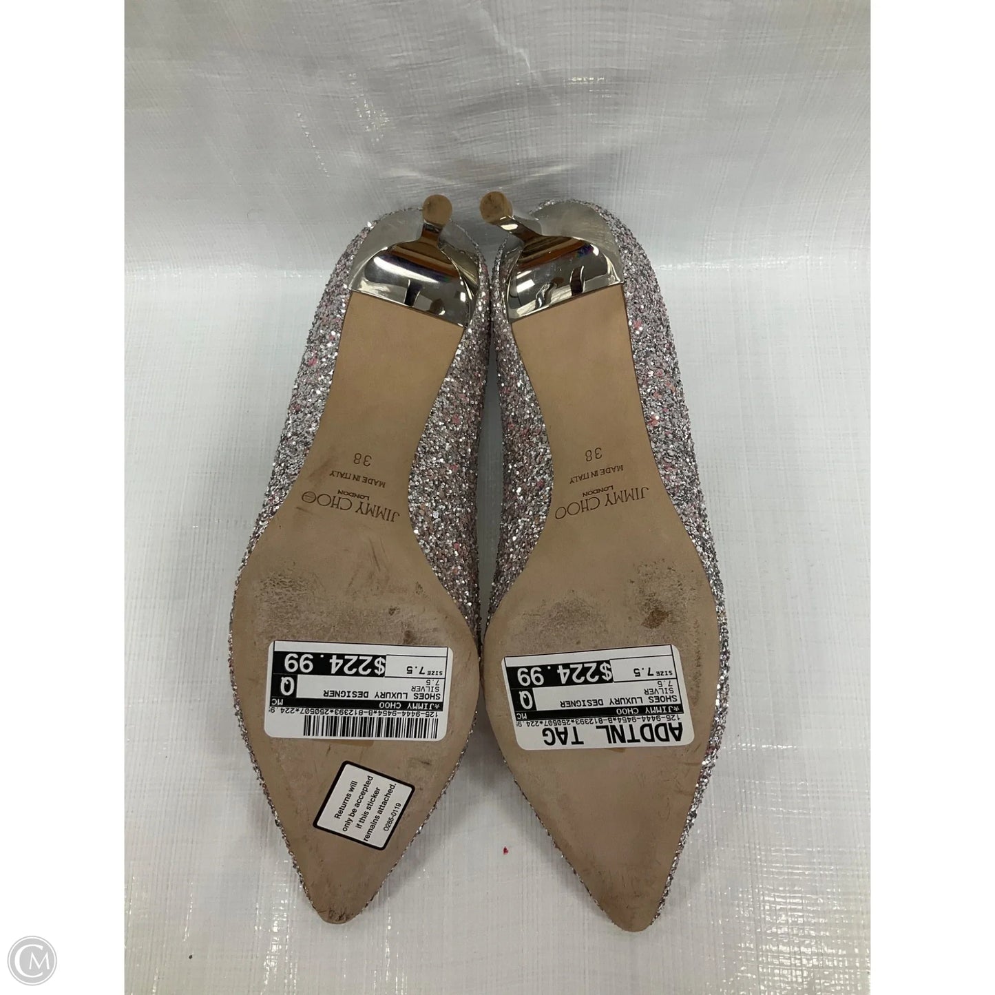 Shoes Luxury Designer By Jimmy Choo In Silver, Size: 7.5