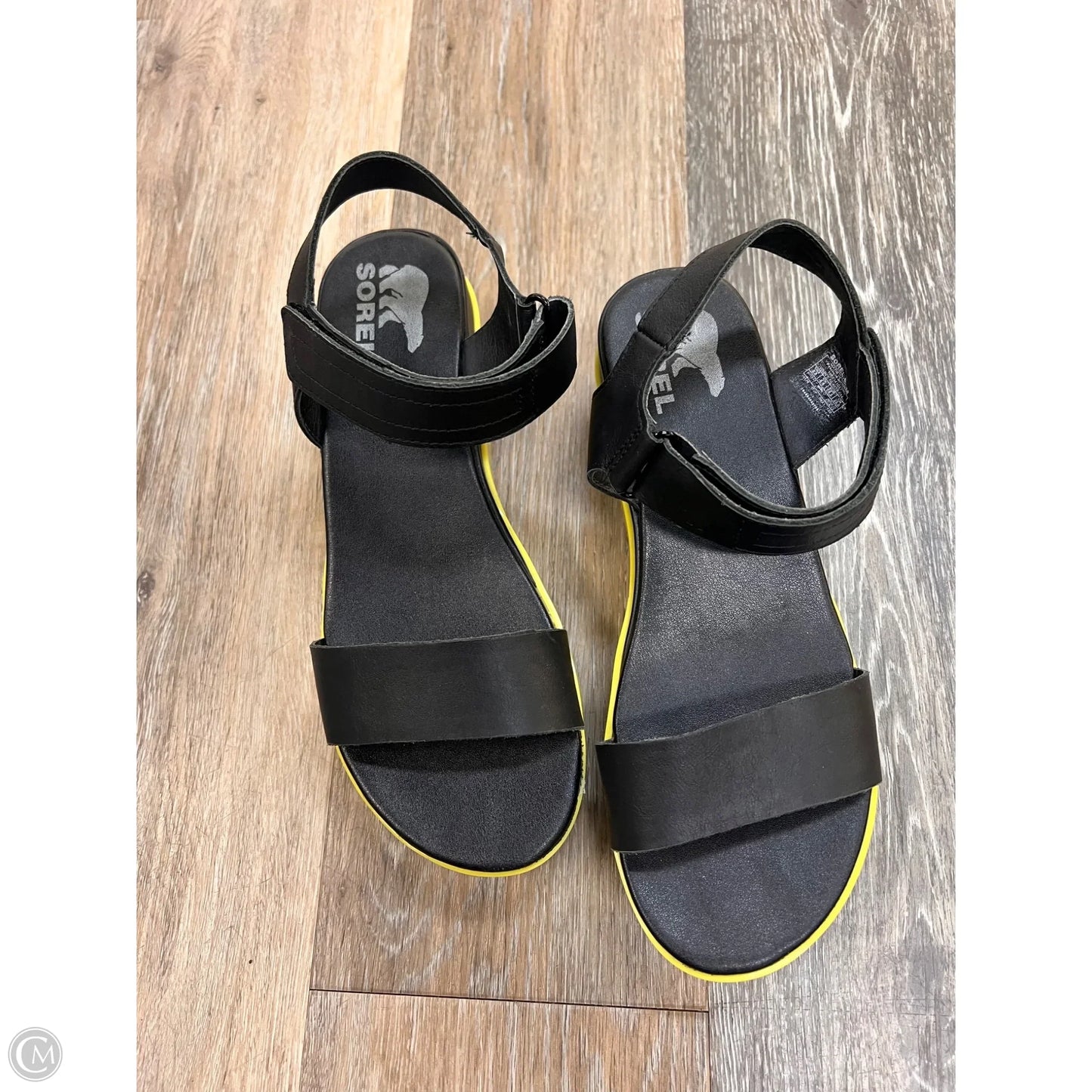 Sandals Flats By Sorel In Black & Yellow, Size: 8.5