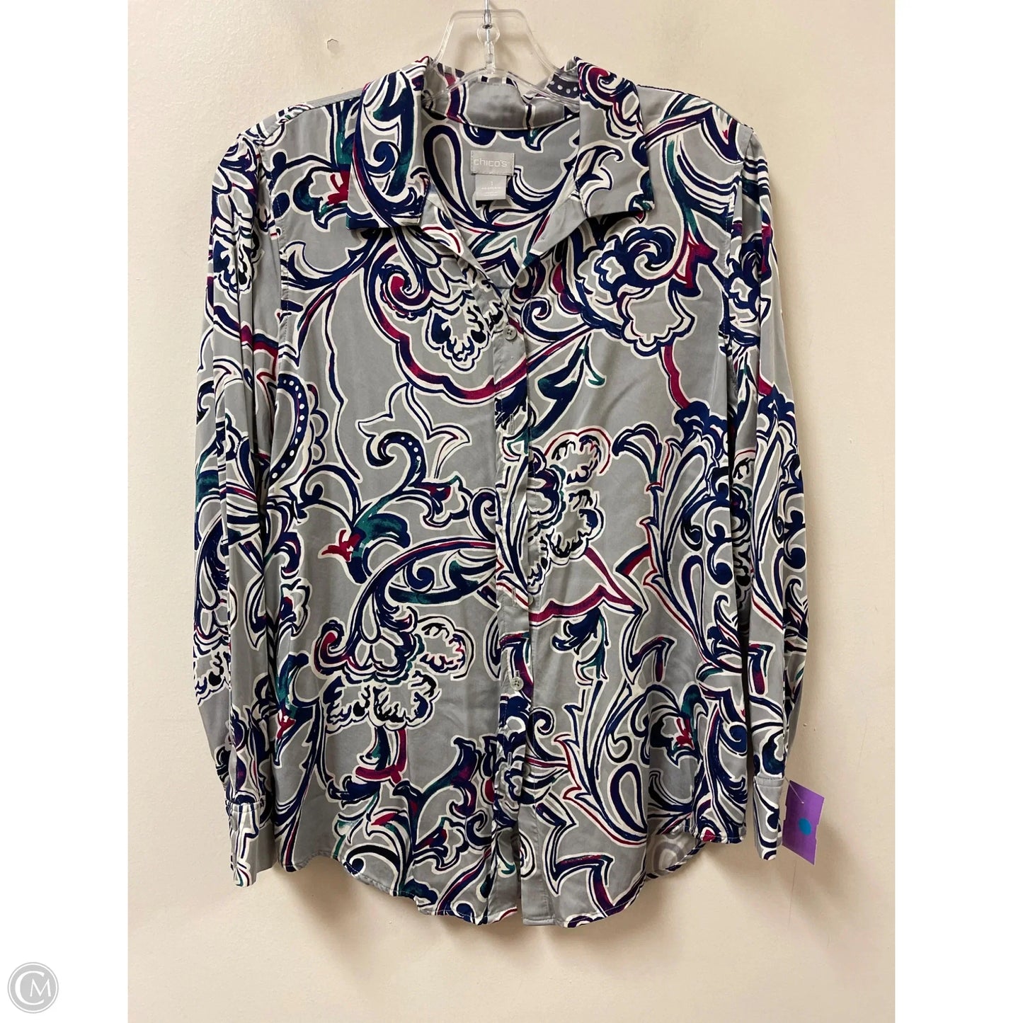 Blouse Long Sleeve By Chicos In Grey, Size: M
