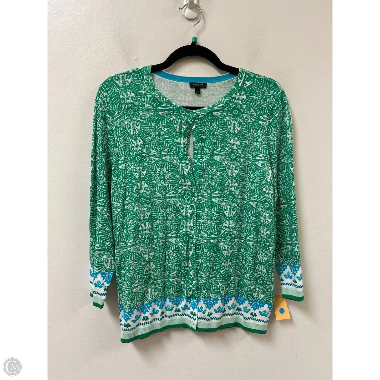 Sweater Cardigan By Talbots In Green & White, Size: Lp