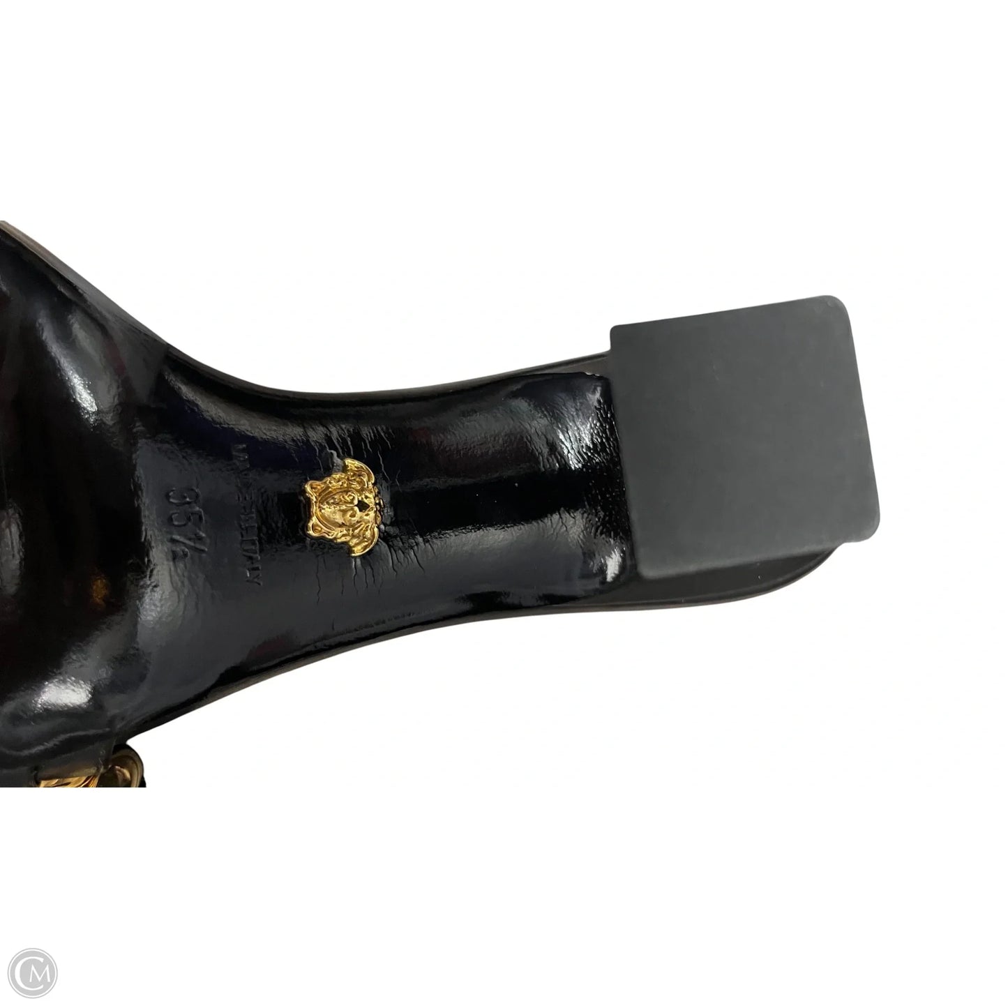 Sandals Luxury Designer By Versace In Black & Gold, Size: 5.5