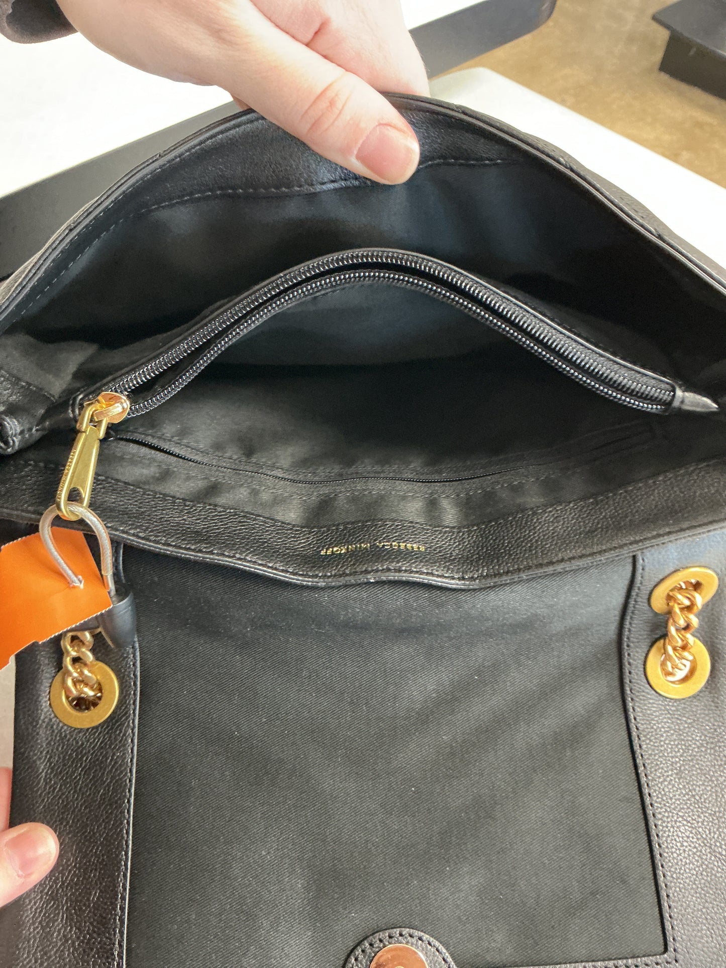 Crossbody Designer By Rebecca Minkoff In Black & Gold, Size:Medium