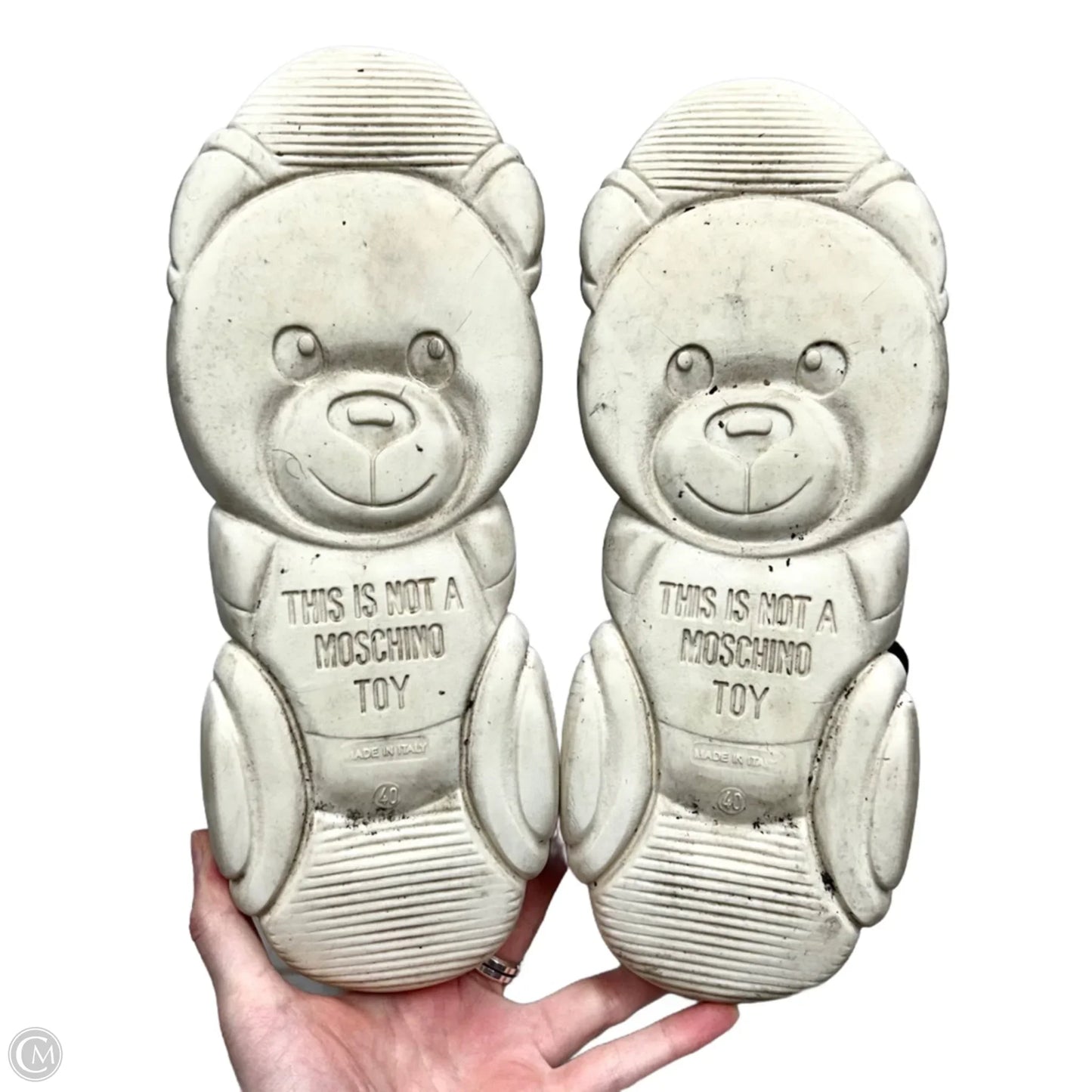 Shoes Luxury Designer By Moschino In Black & White, Size: 9.5