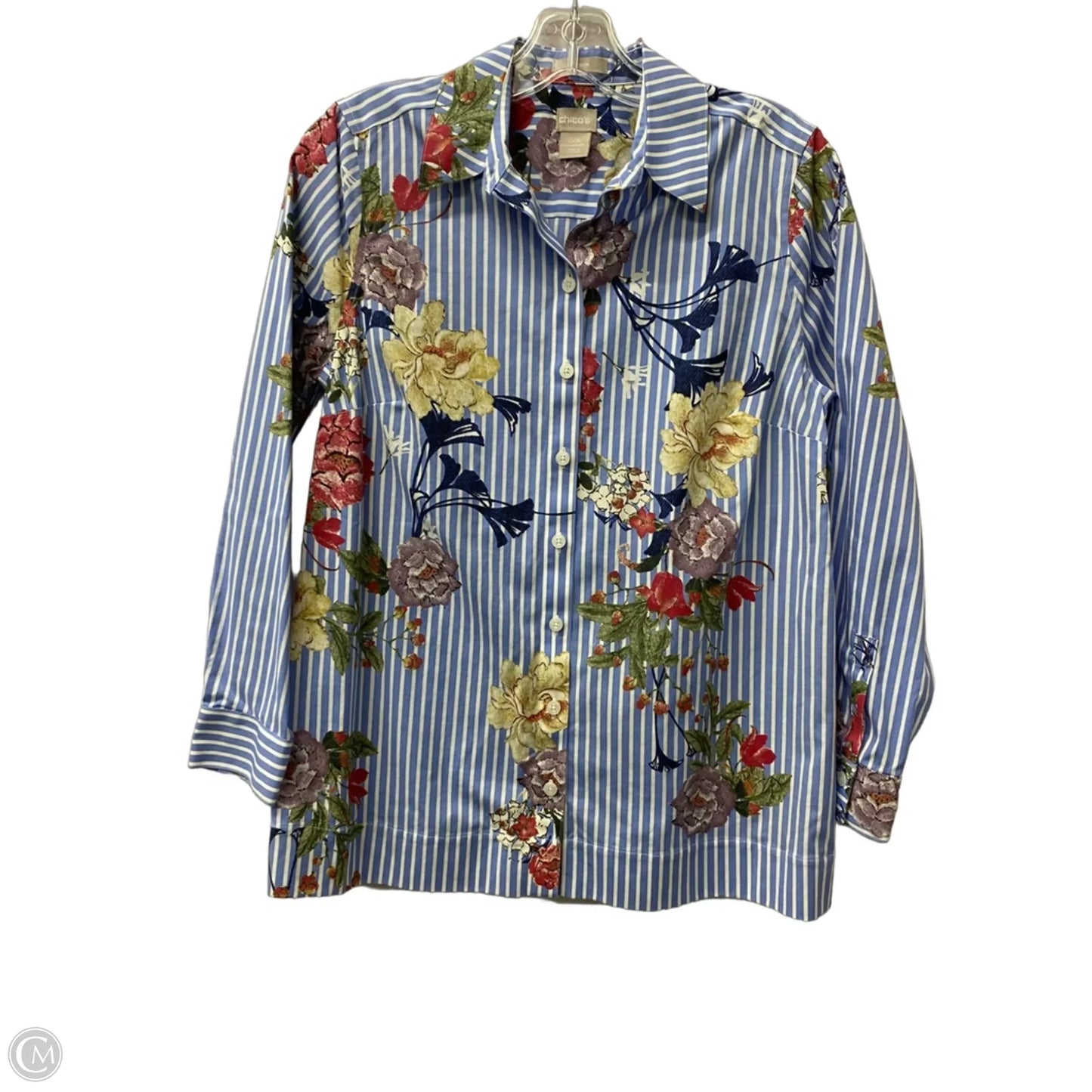 Top Long Sleeve By Chicos In Blue & White, Size: Xsp