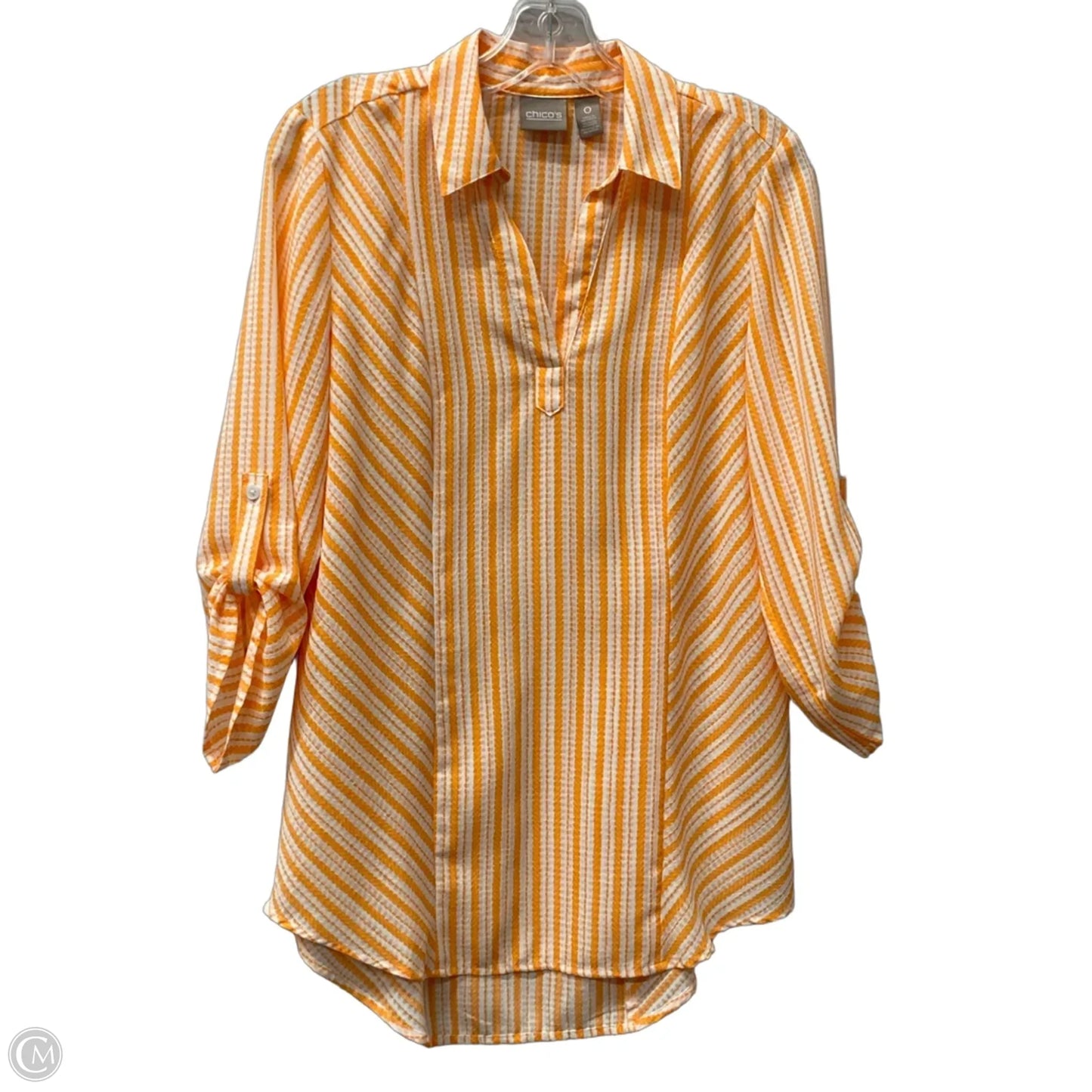 Top Long Sleeve By Chicos In Orange & White, Size: S