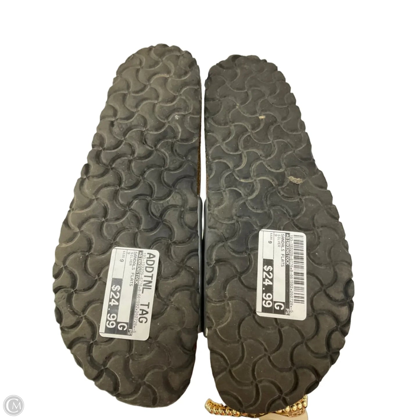 Sandals Flats By Birkenstock In Silver, Size: 9