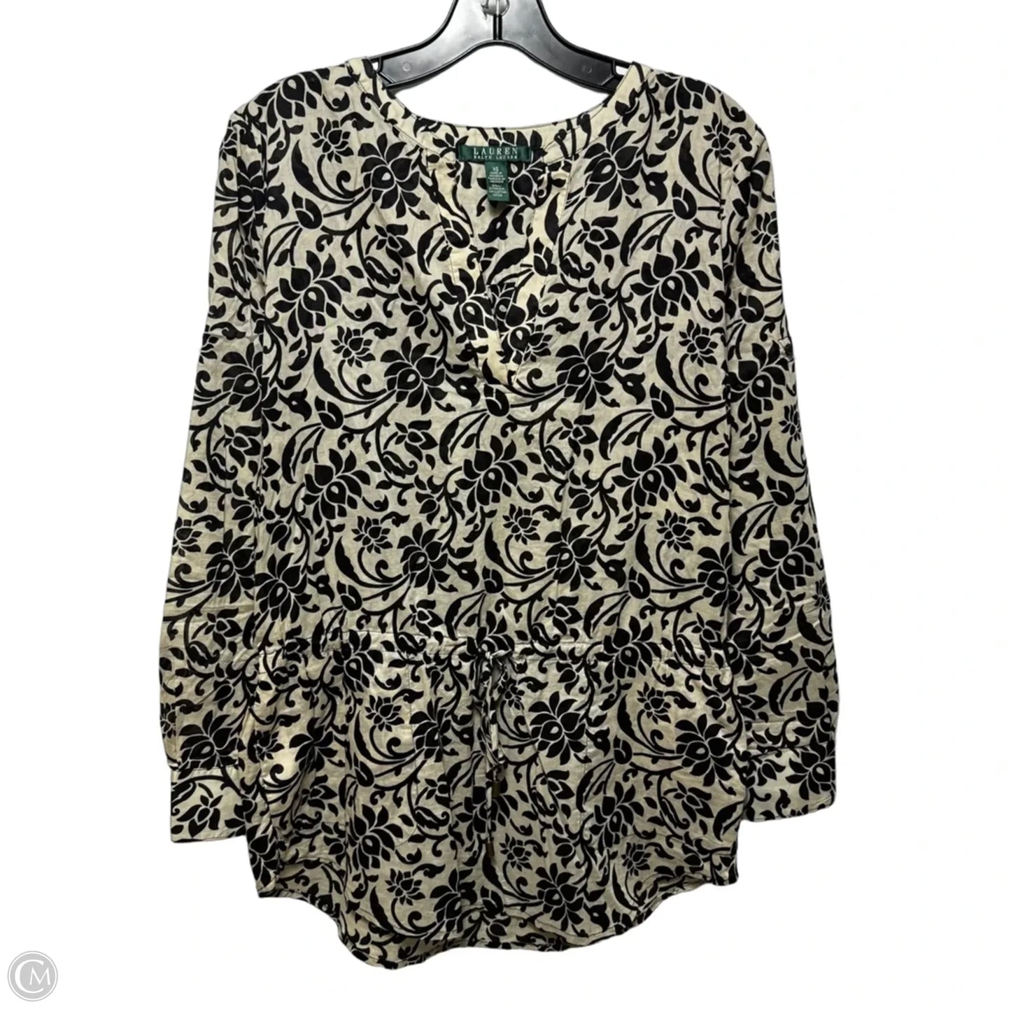 Cotton Top Long Sleeve By Lauren By Ralph Lauren In Black & Cream, Size: Xs