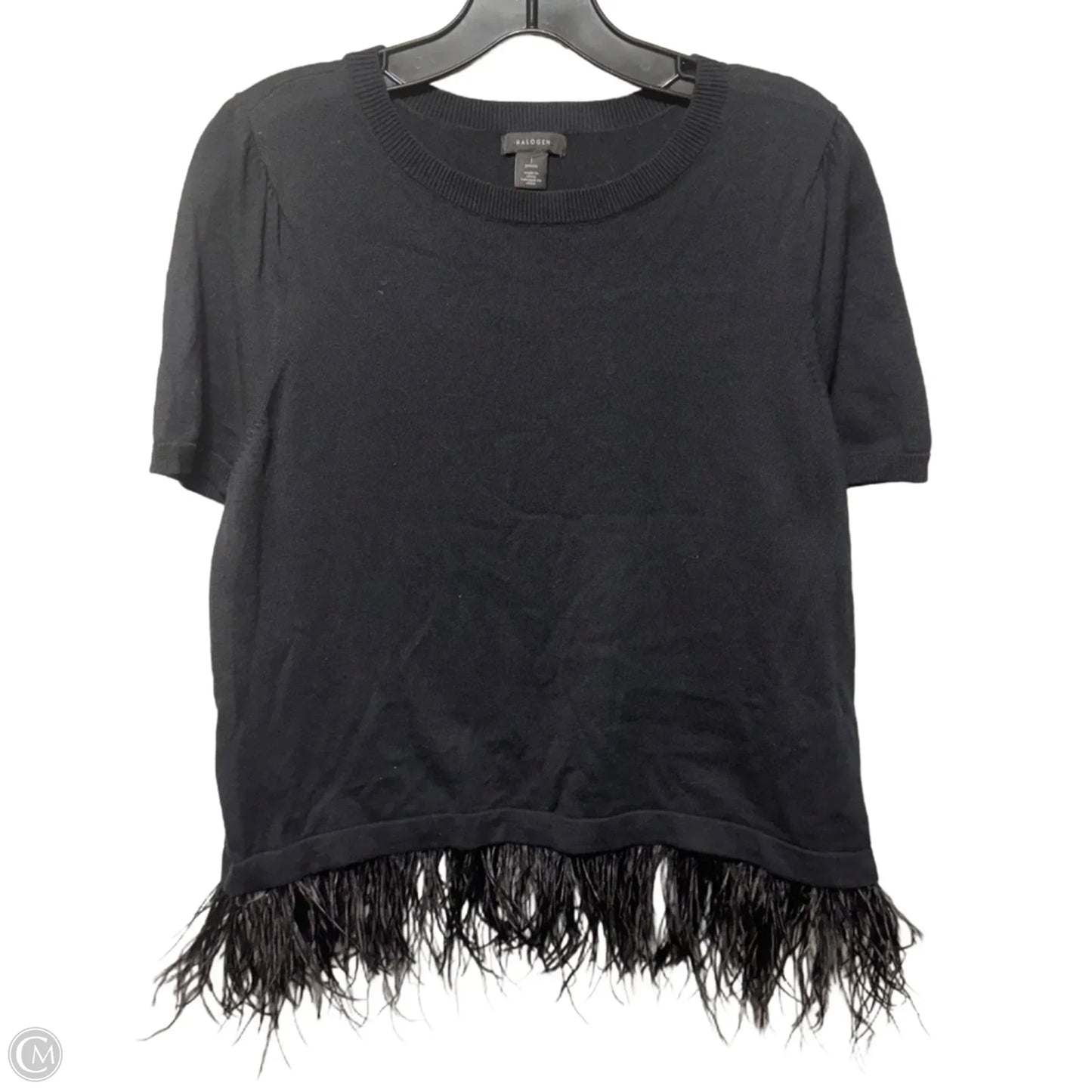 Merino Wool & Ostrich Feather Hem Short Sleeve Sweater By Halogen In Black, Size: S