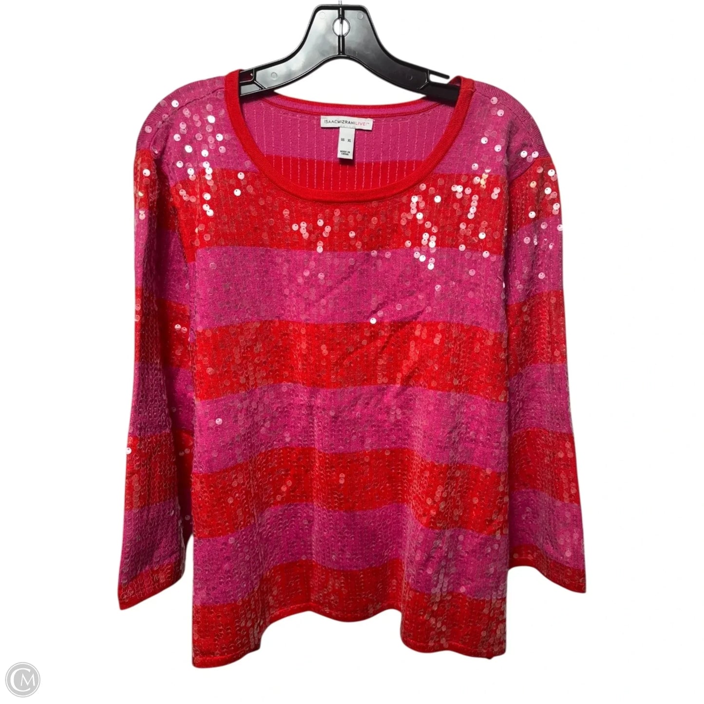 Sequin Sweater By Isaac Mizrahi Live Qvc In Pink & Red, Size: Xl