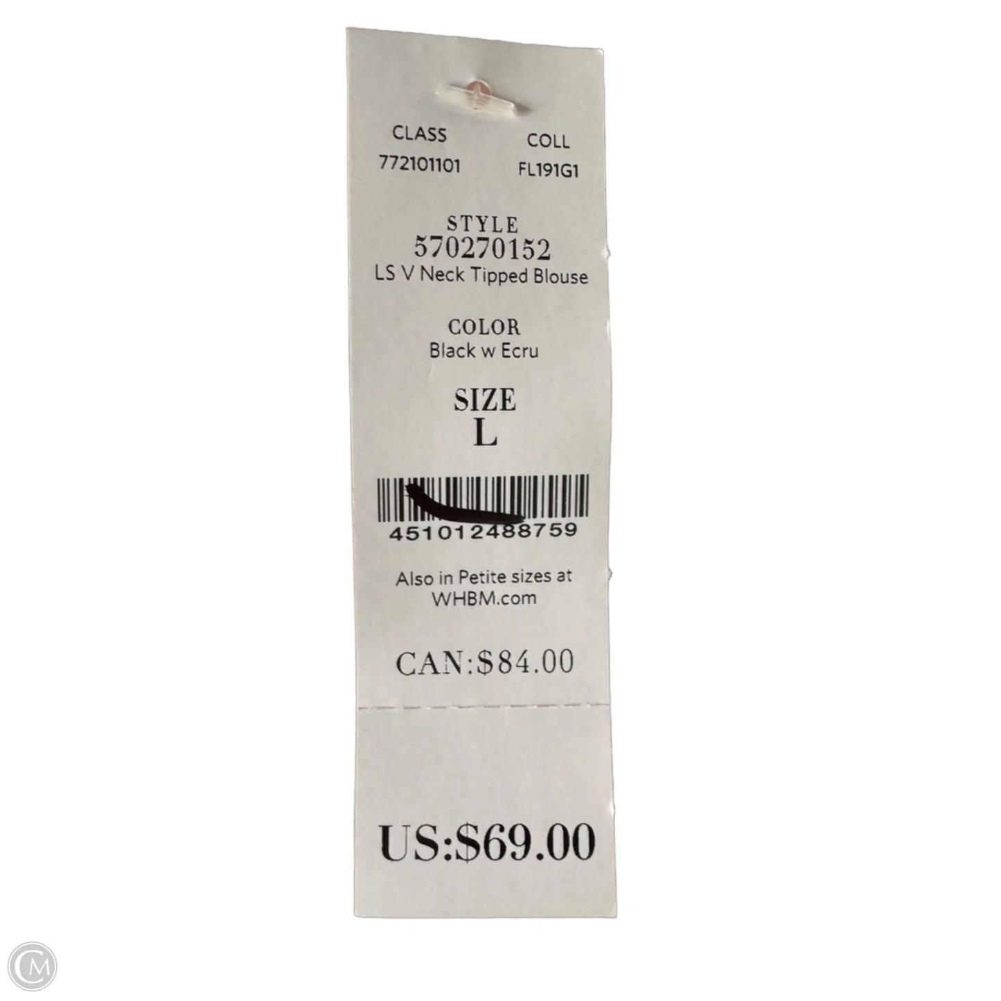 Top Long Sleeve By White House Black Market In Black & White, Size: L