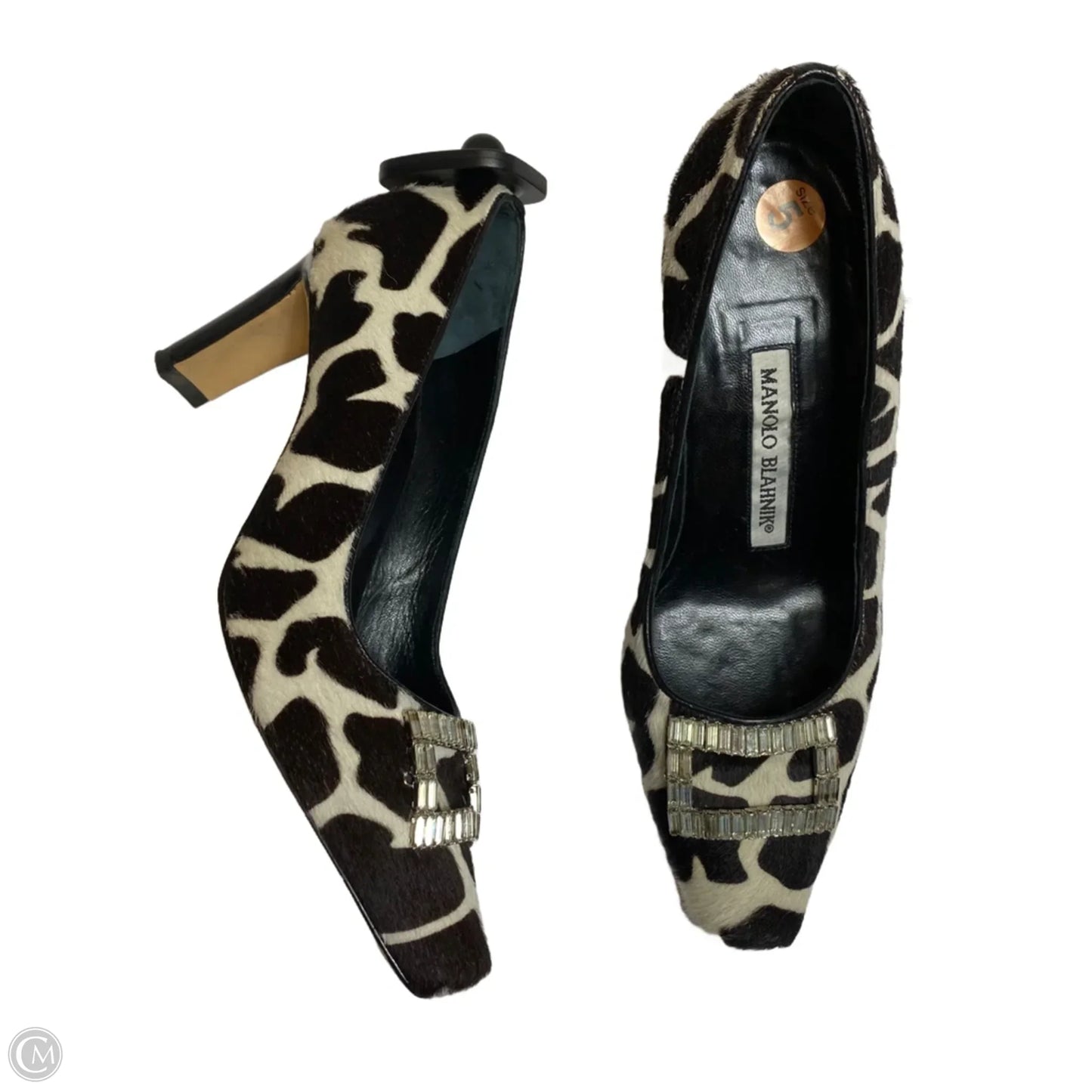 Shoes Luxury Designer By Manolo Blahnik In Brown & Cream, Size: 5