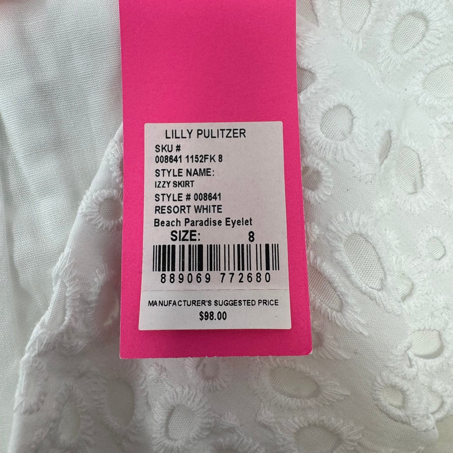 Izzy Skirt Beach Paradise Eyelet Designer By Lilly Pulitzer In Resort White, Size: 8