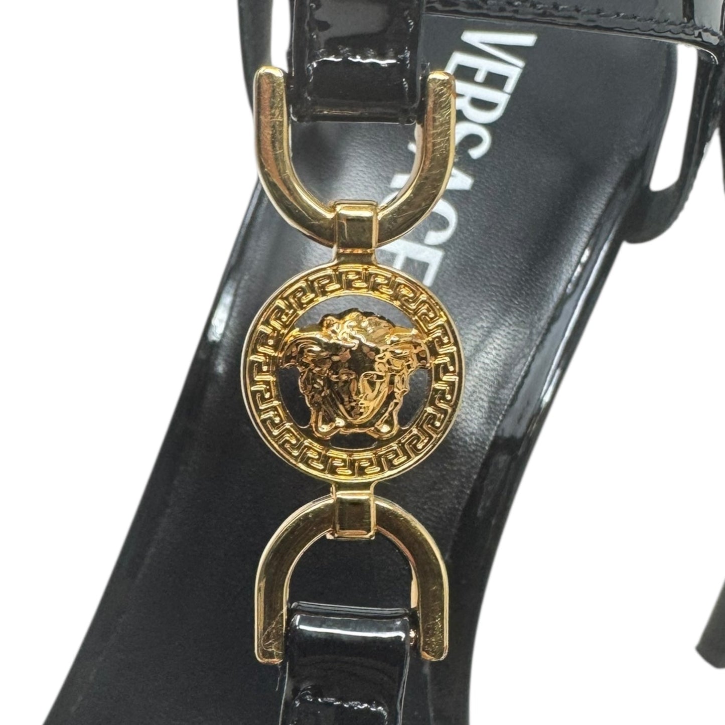 Medusa ‘95 Patent Strappy Stiletto Heels 115mm Shoes Luxury Designer By Versace In Black, Size: 11 (IT 41)