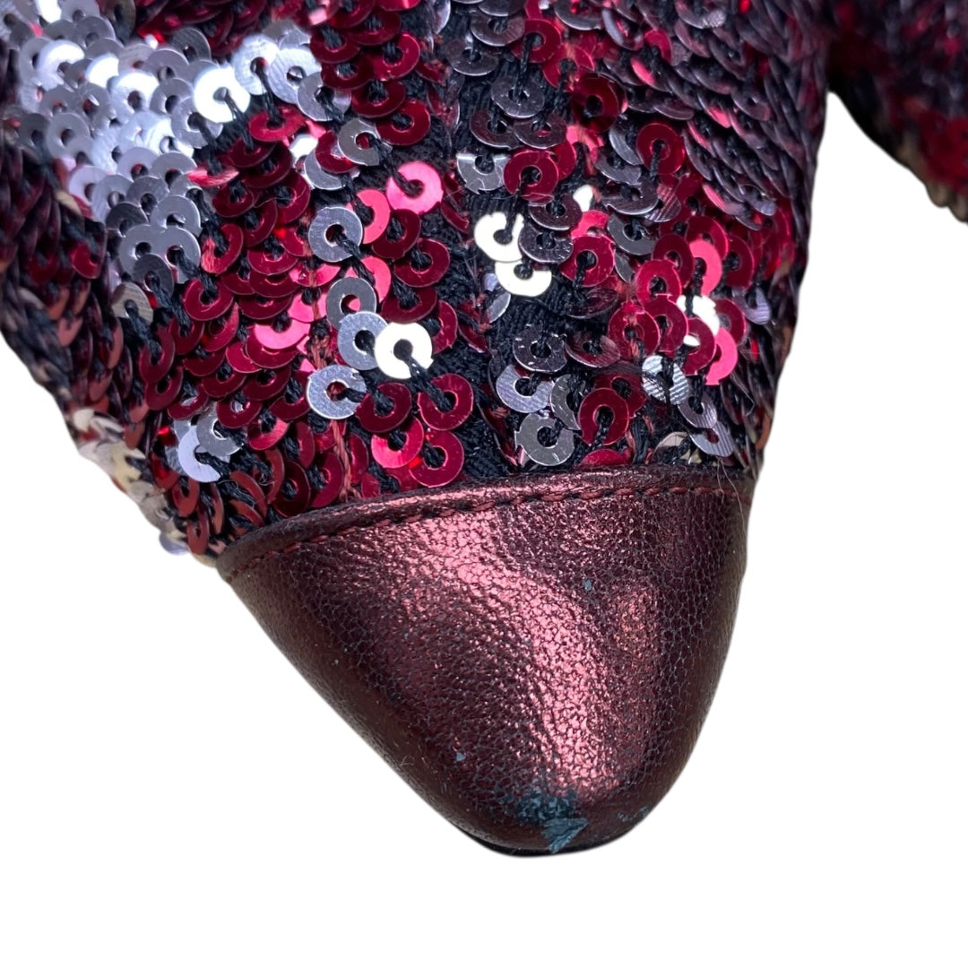 Boots Luxury Designer By Jimmy Choo In Red & Silver, Size:5.5