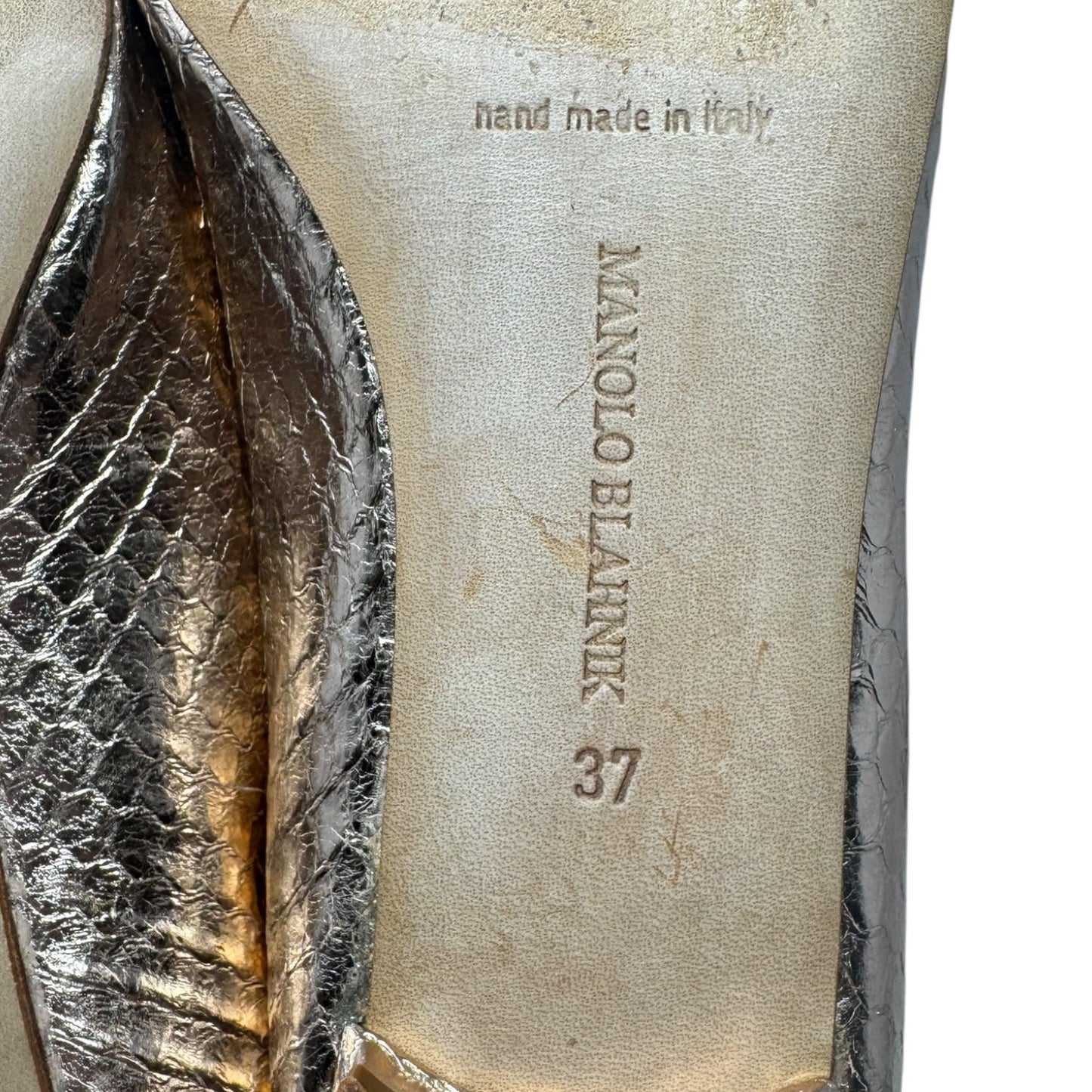 Metallic Snakeskin Peep Toe Block Heel Shoes Luxury Designer By Manolo Blahnik In Rose Gold, Size: 7 (IT 37)