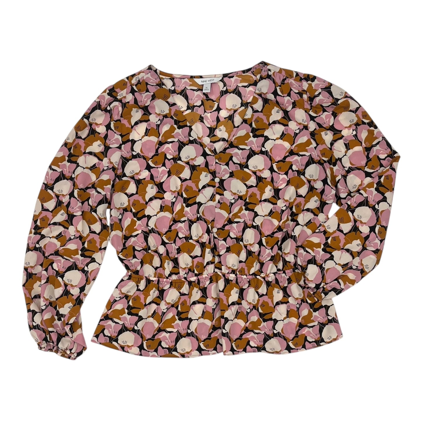 Blouse Ls By Nine West In Brown & Pink, Size:Xl