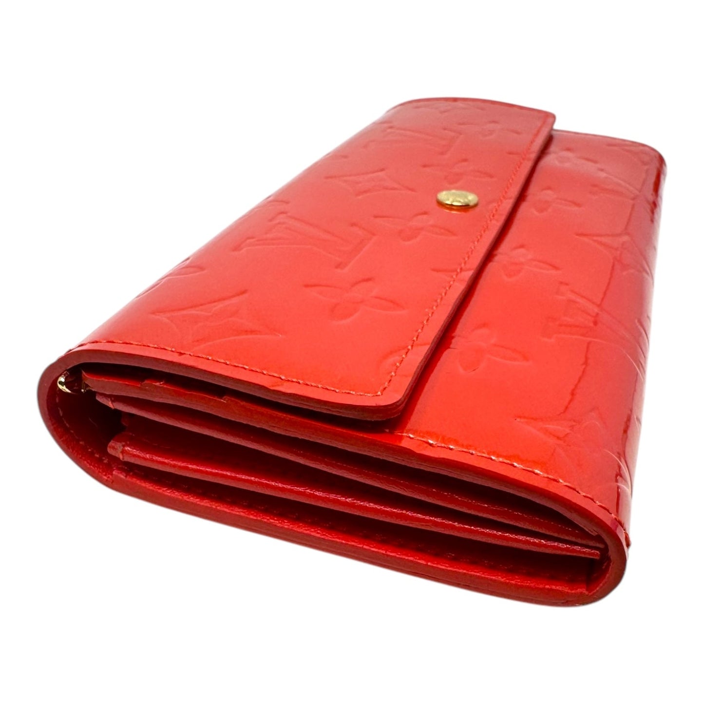 Sarah Vernis Embossed Patent Leather Wallet in Rouge Luxury Designer By Louis Vuitton, Size: Large