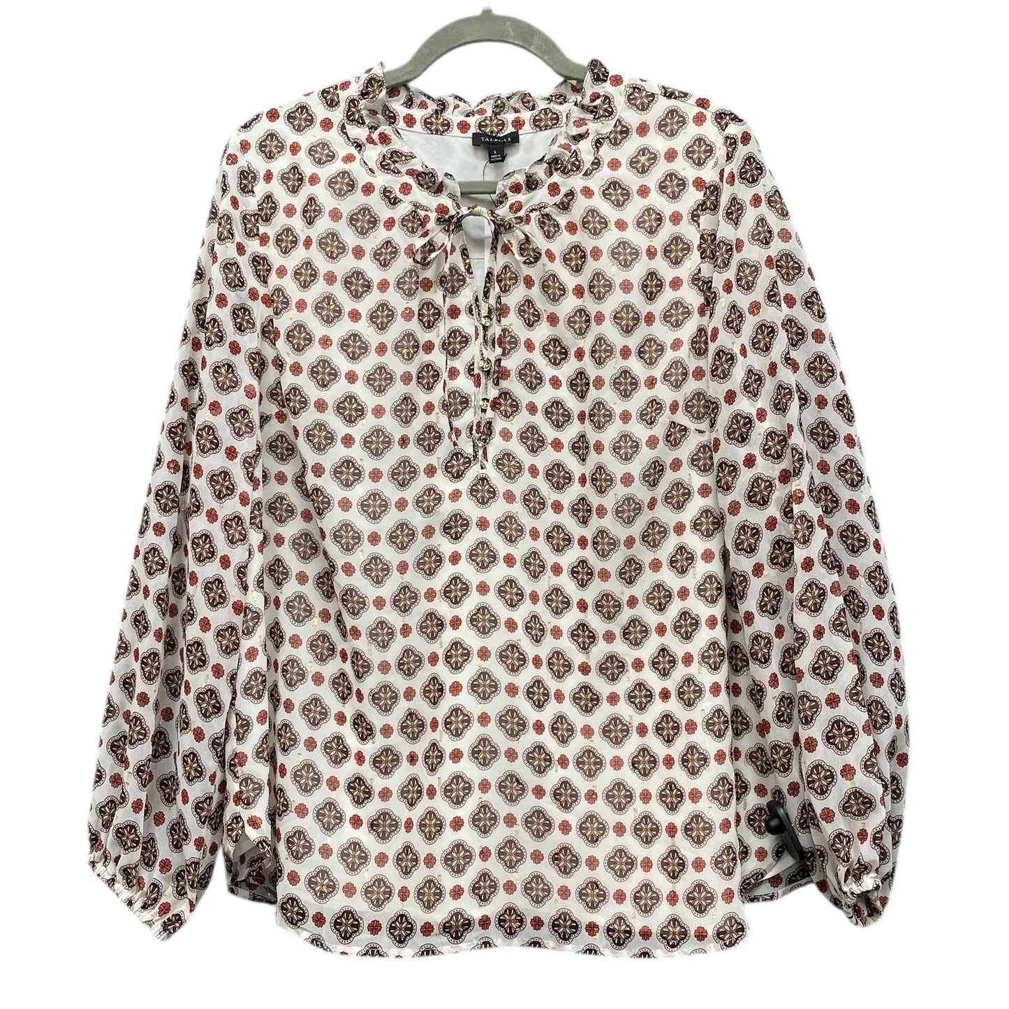 Blouse Long Sleeve By Talbots In Brown & White, Size: L