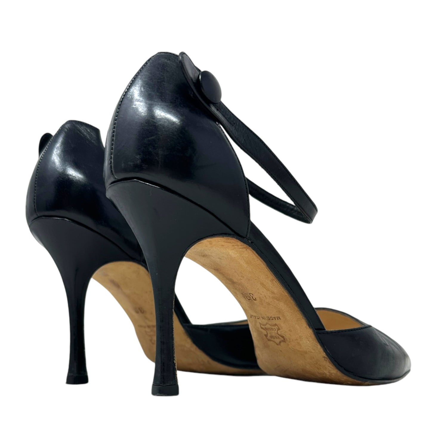 Button Closure Ankle Strap D’Orsay Pumps Luxury Designer By Manolo Blahnik In Black, Size: US 9/ IT 39