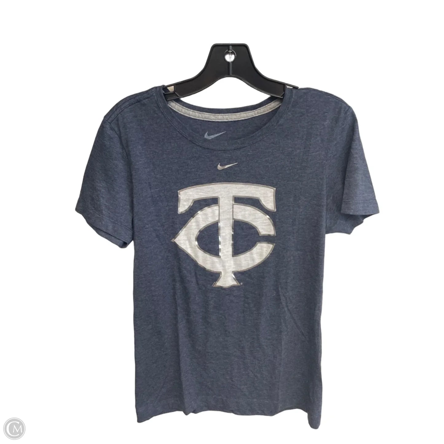 Athletic Top Short Sleeve By Nike In Blue & Silver, Size: M