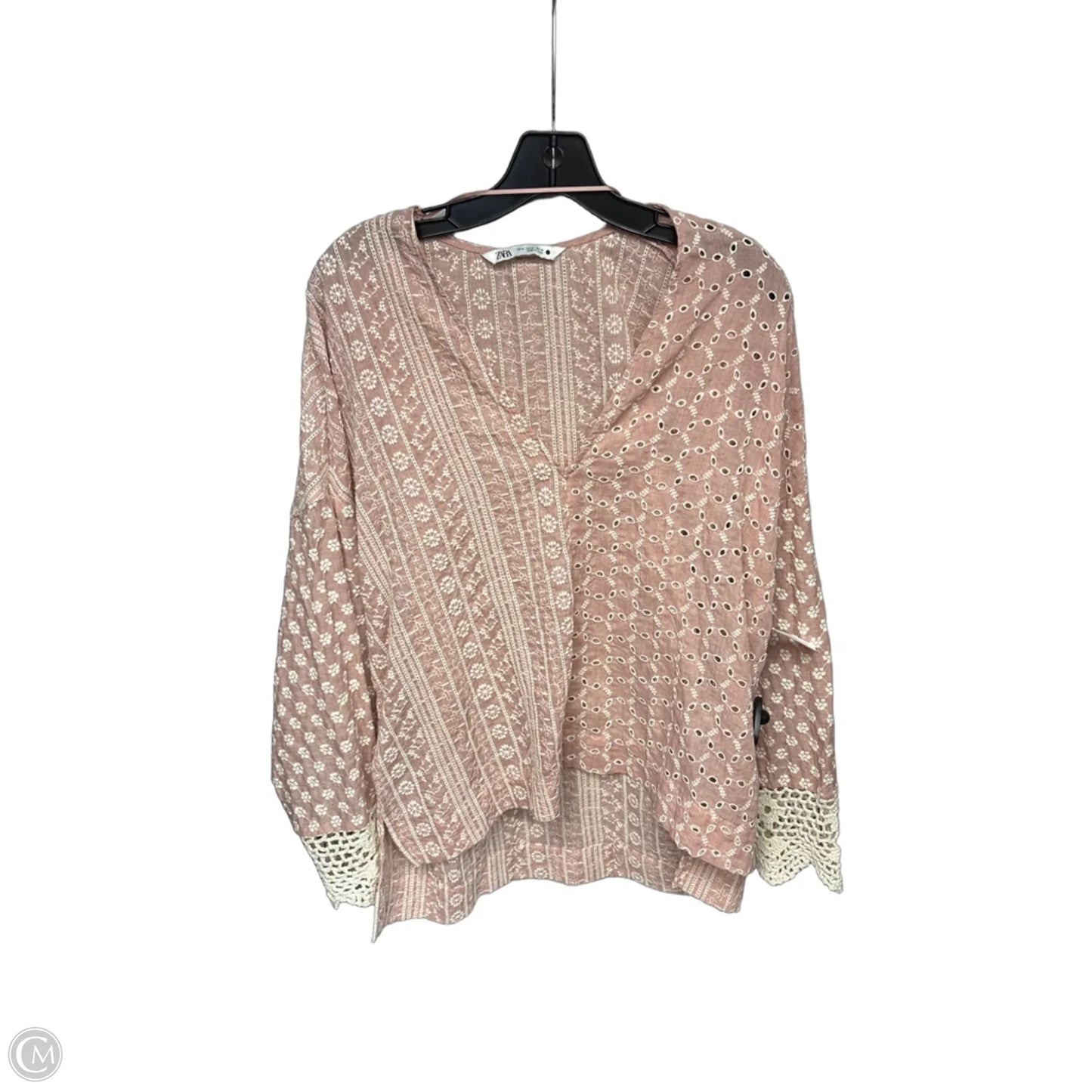 Top Long Sleeve By Zara In Pink & White, Size: M
