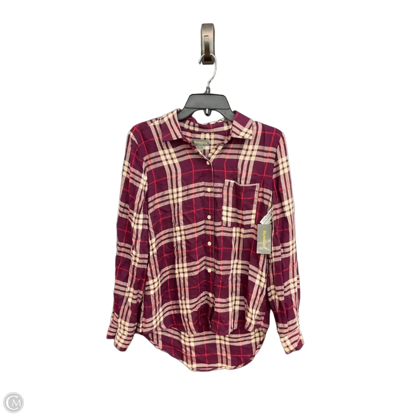 Blouse Long Sleeve By Style And Company In Plaid Pattern, Size: S