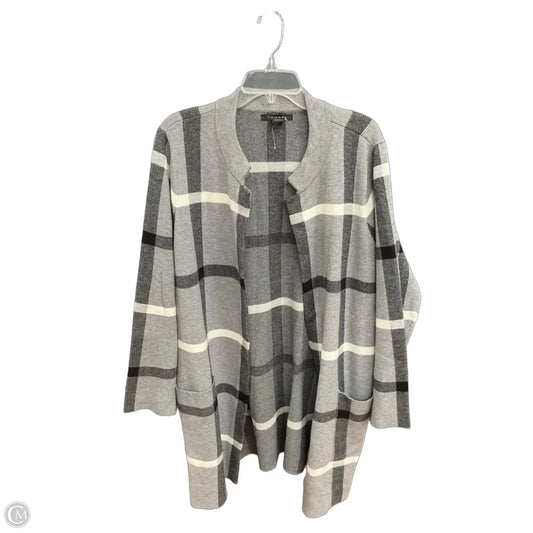 Sweater Cardigan By Tahari In Grey & White, Size: 2x