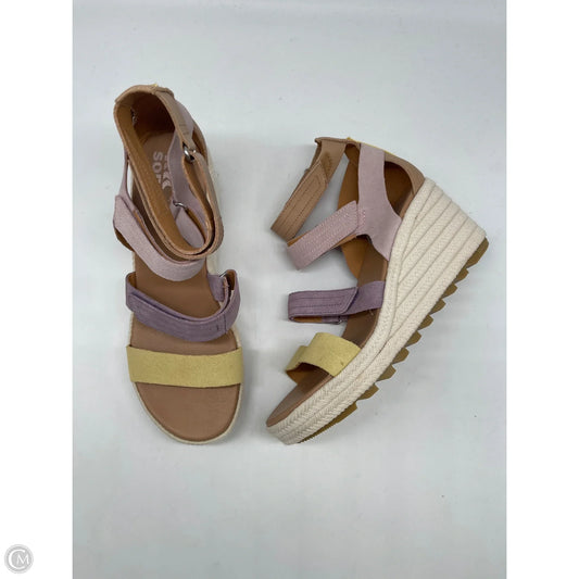 Sandals Heels Wedge By Sorel In Pink & Yellow, Size: 9