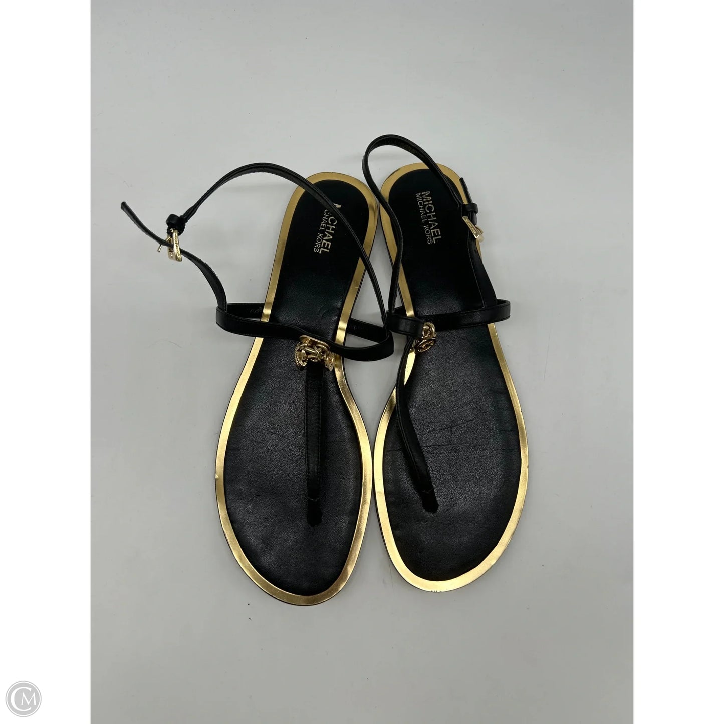 Sandals Flats By Michael By Michael Kors In Black & Gold, Size: 10