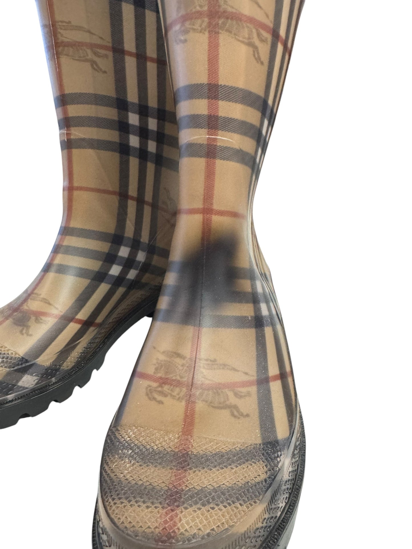 Boots Luxury Designer By Burberry In Plaid Pattern, Size: 8