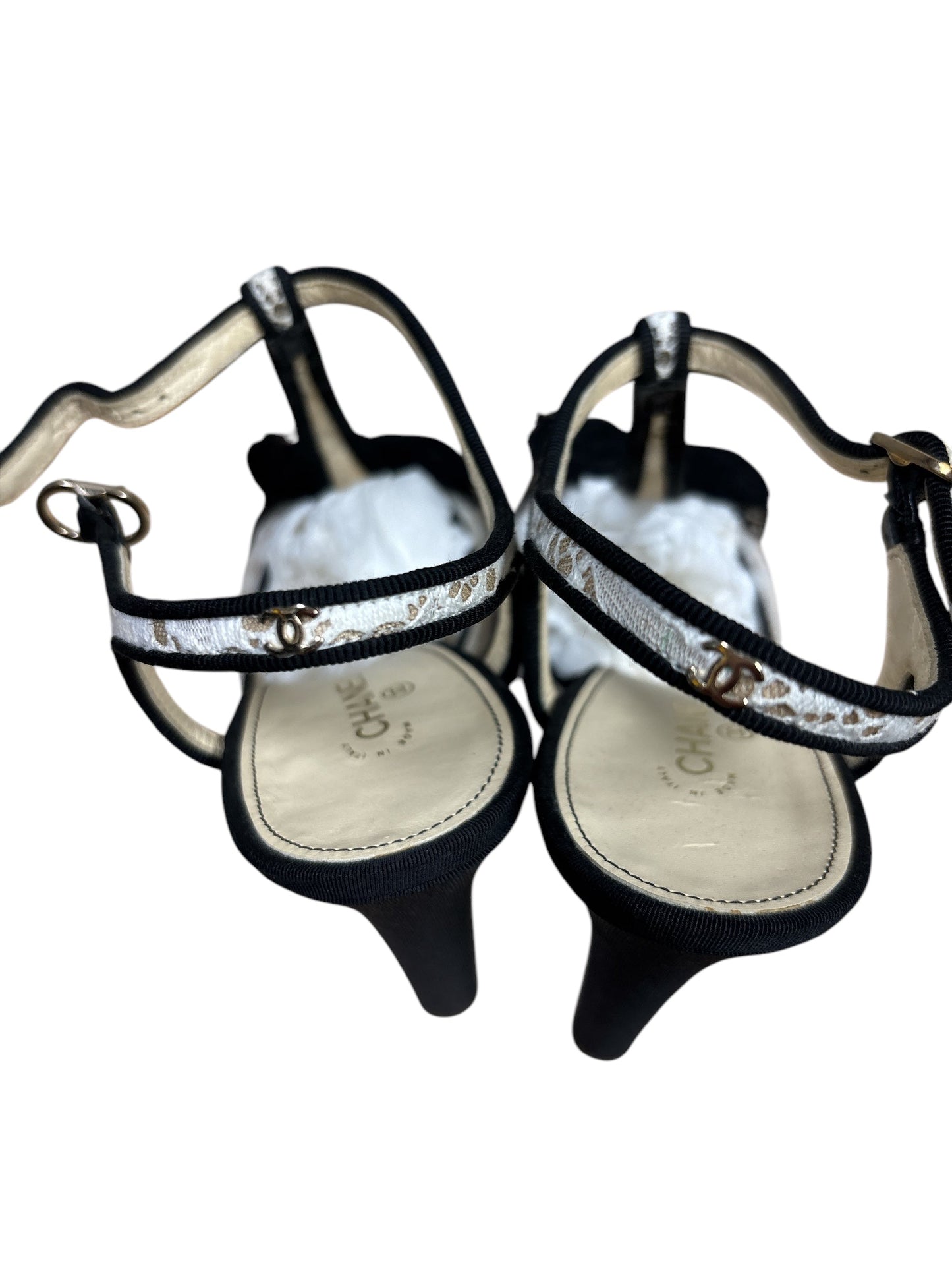 Sandals Luxury Designer By Chanel In Black & White, Size: 11