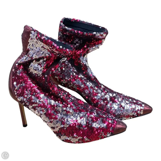 Boots Luxury Designer By Jimmy Choo In Red & Silver, Size: 5.5