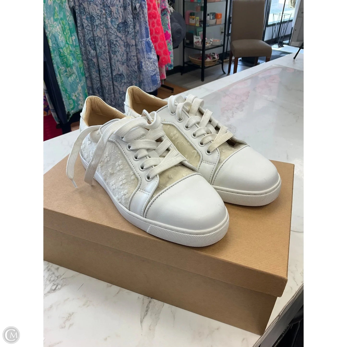 Shoes Luxury Designer By Christian Louboutin In Cream, Size: 7.5