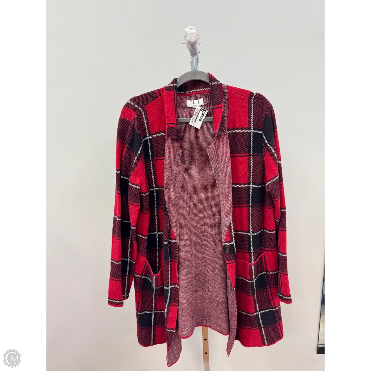 Sweater Cardigan By Elle In Plaid Pattern, Size: Xl