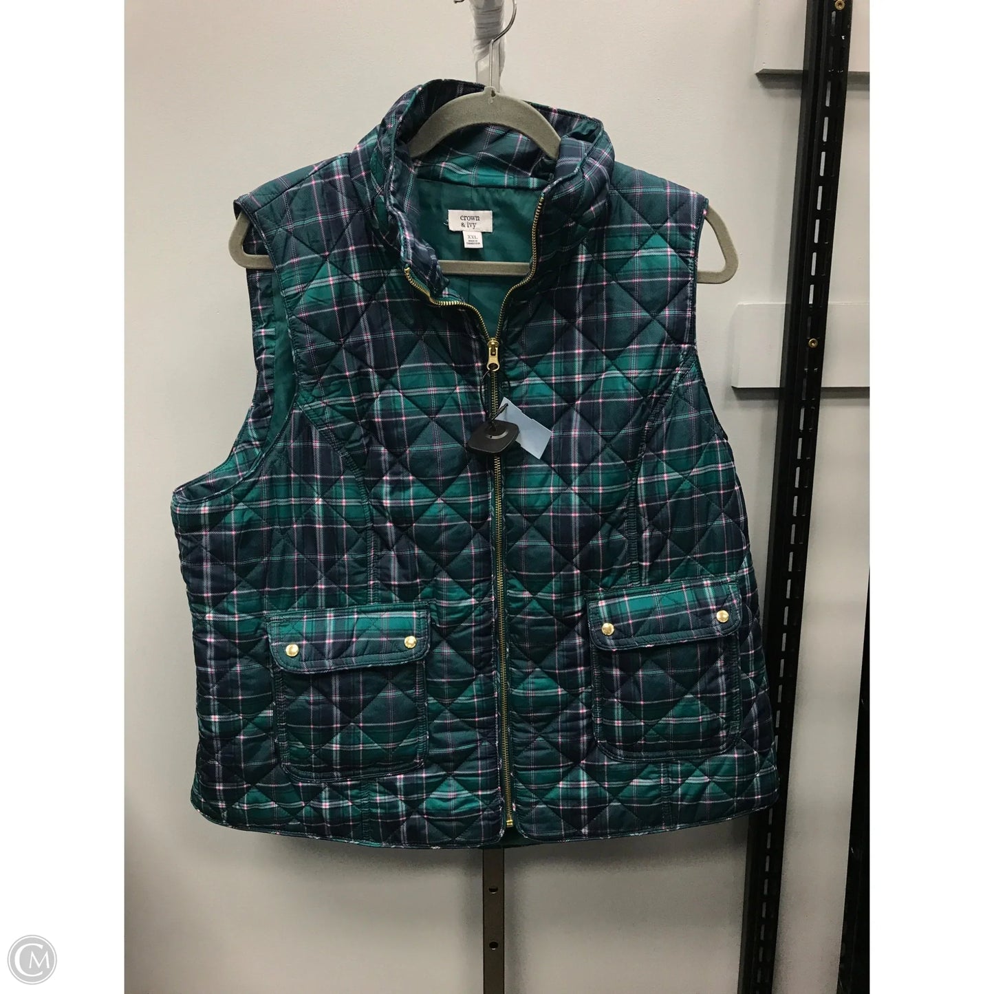Vest Puffer & Quilted By Crown And Ivy In Plaid Pattern, Size: Xxl