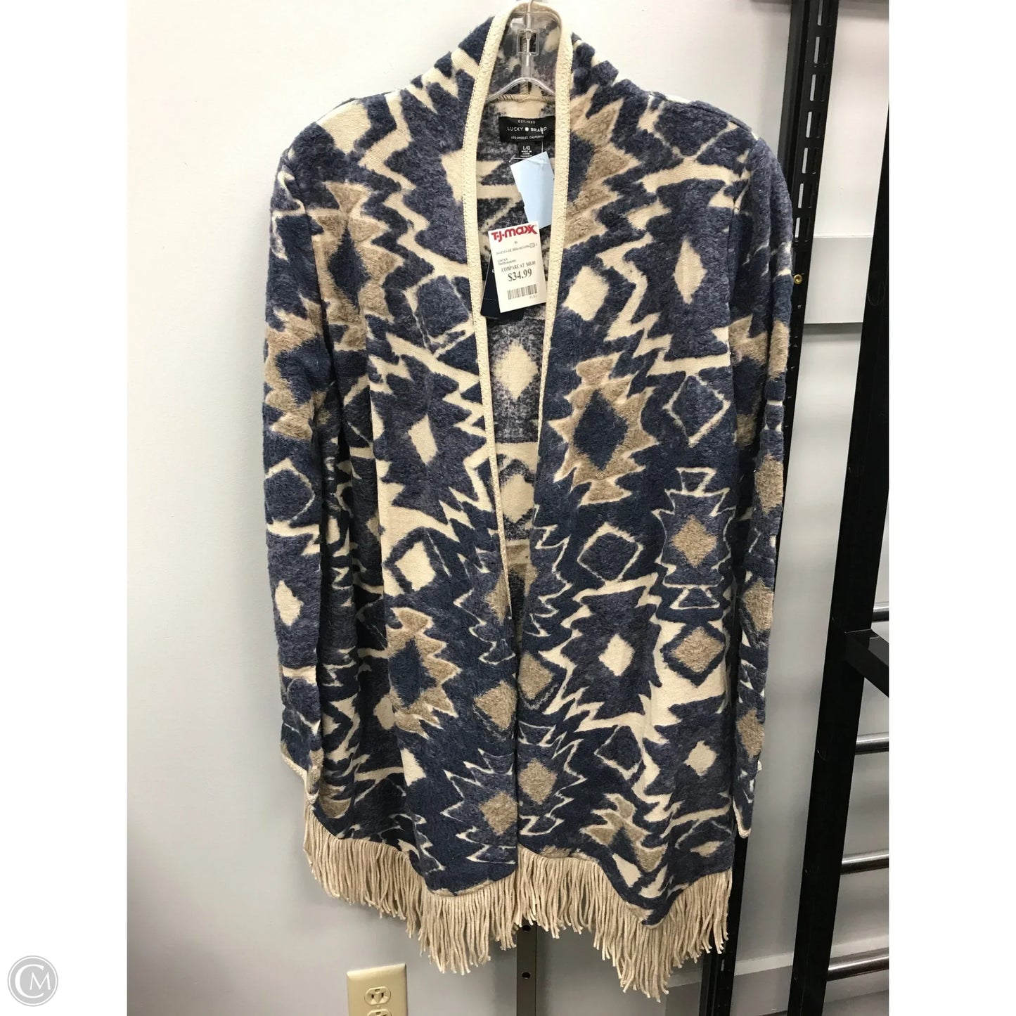 Sweater Cardigan By Lucky Brand In Blue & Cream, Size: L