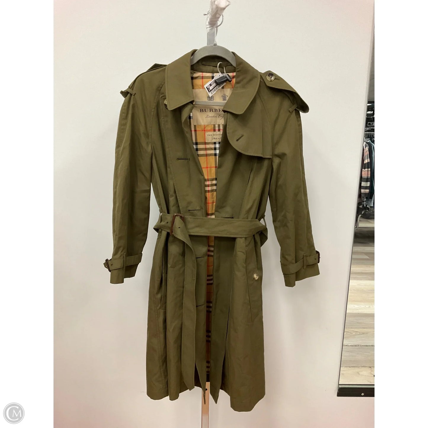 Coat Luxury Designer By Burberry In Green, Size: 2