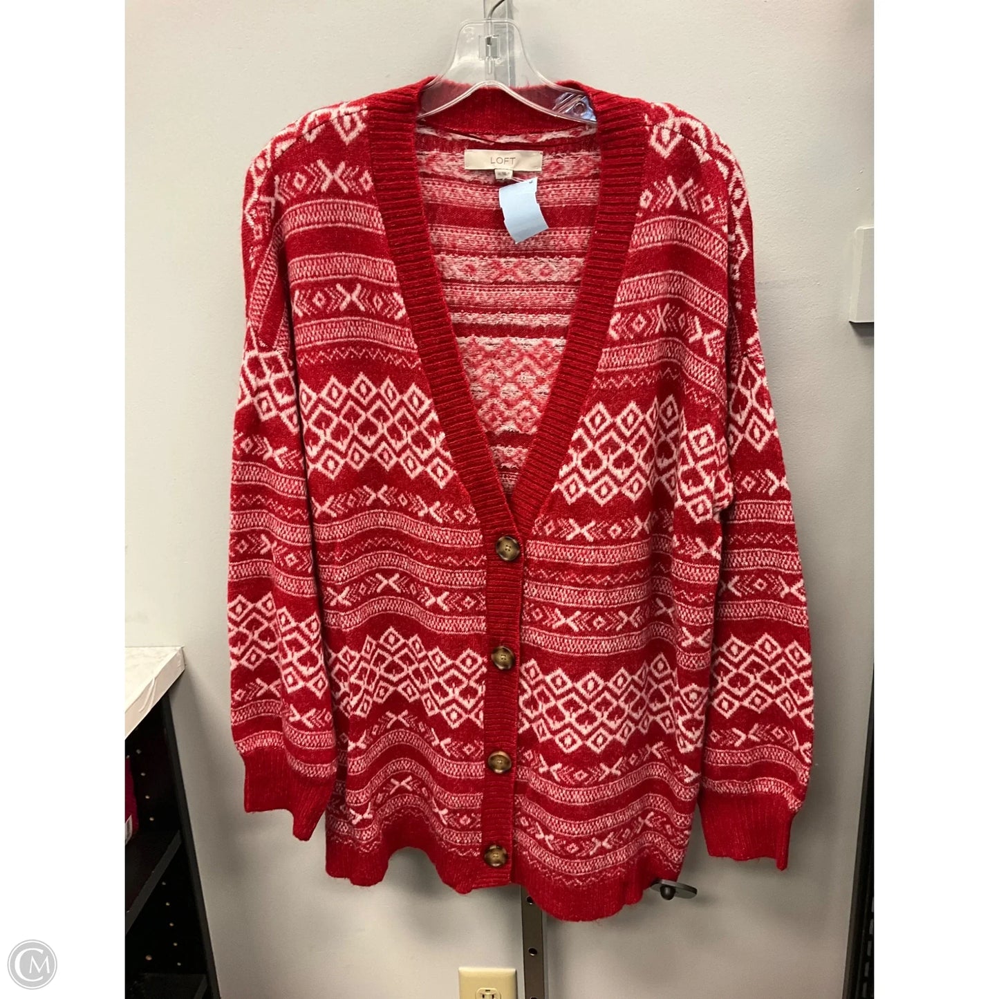Sweater Cardigan By Loft In Red & White, Size: Xl