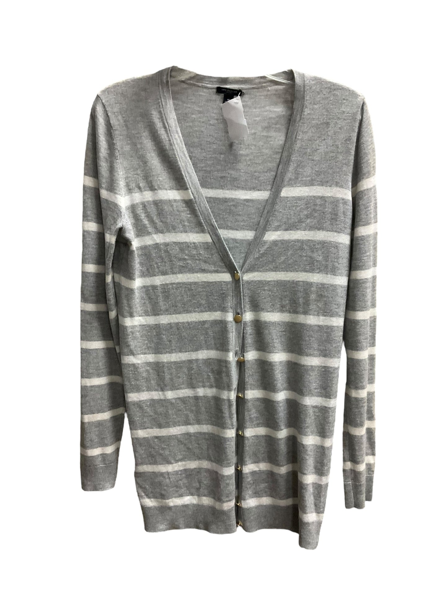 Sweater Cardigan By Ann Taylor In Grey & White, Size: M