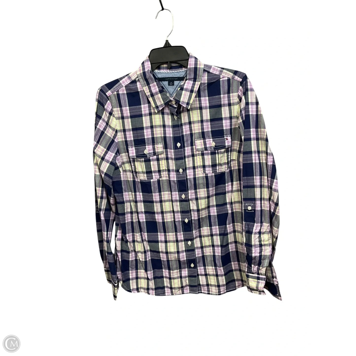 Blouse Long Sleeve By Tommy Hilfiger In Plaid Pattern, Size: L