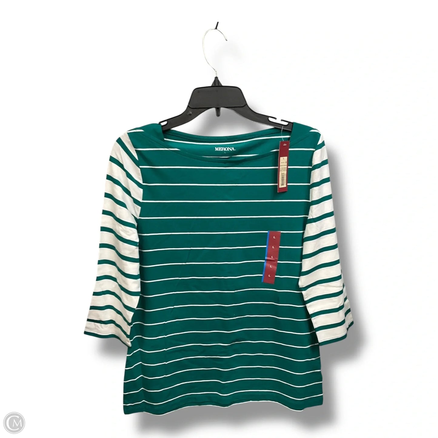 Top 3/4 Sleeve By Merona In Green & White, Size: L