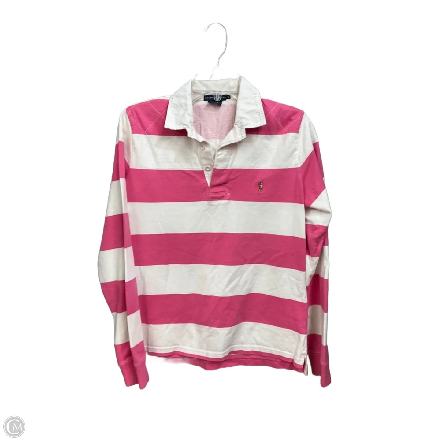 Top Long Sleeve Basic By Ralph Lauren In Pink & White, Size: L