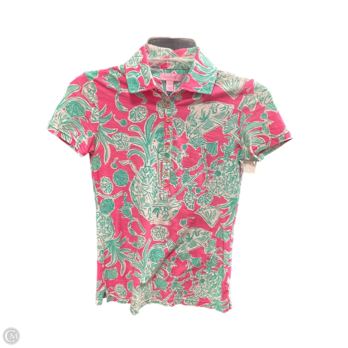 Top Short Sleeve Designer By Lilly Pulitzer In Green & Pink, Size: Xs