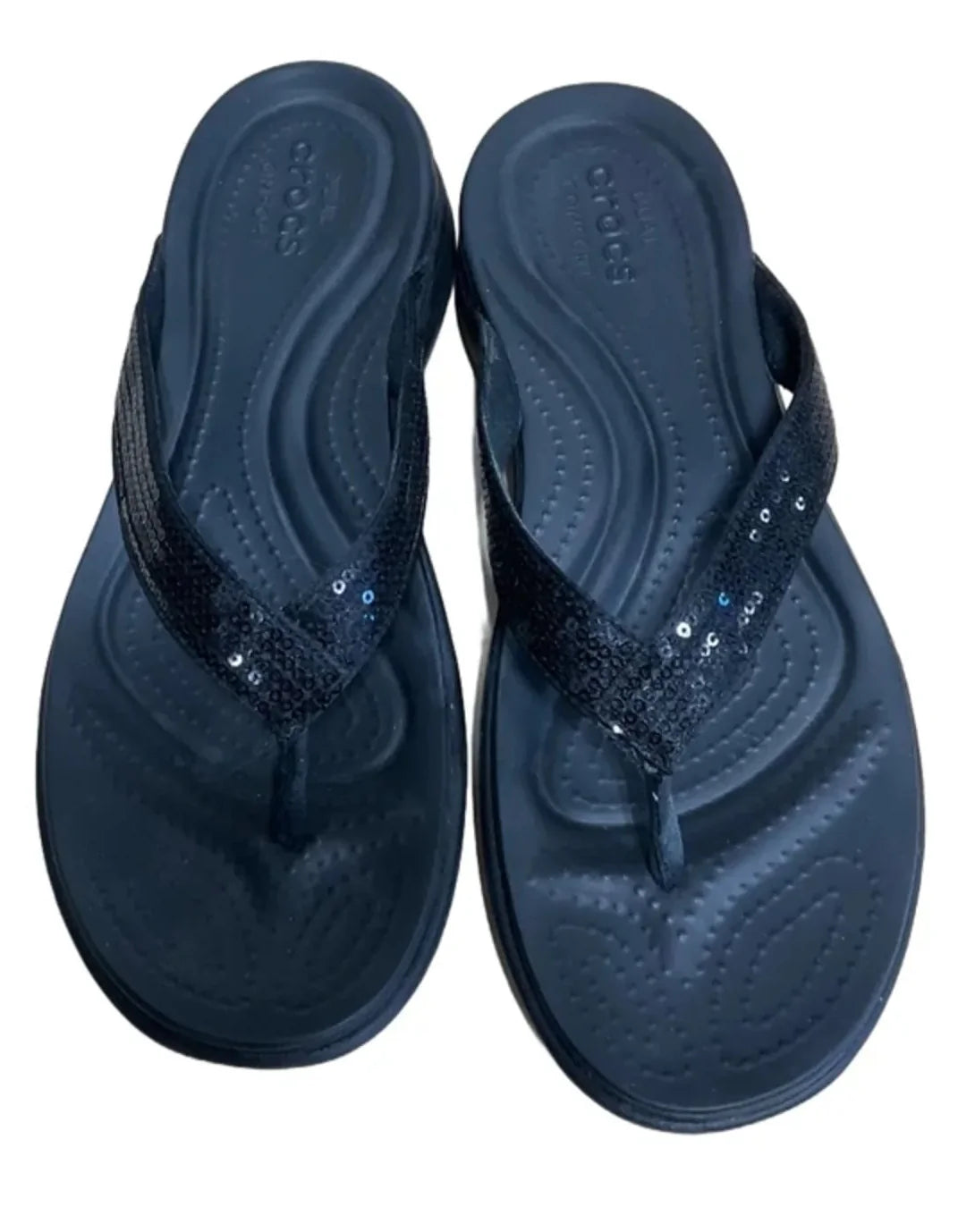 Sandals Flip Flops By Crocs In Black, Size: 9