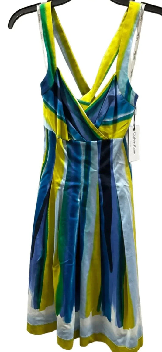 Dress Casual Midi By Calvin Klein In Blue & Yellow, Size: S