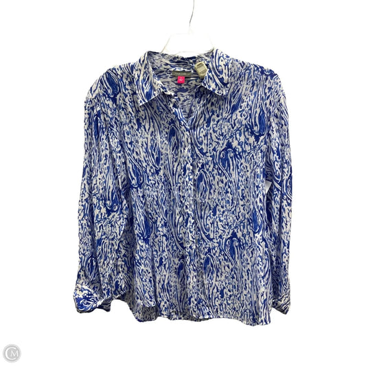 Blouse Long Sleeve By Vince Camuto In Blue & White, Size: S